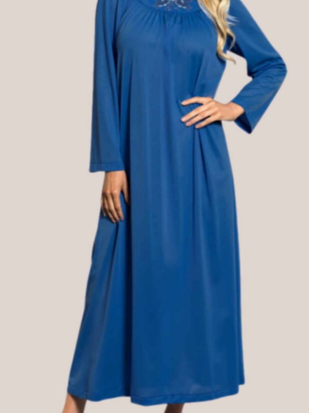 Women's Shadowline® Petals Long Sleeve Long Nightgown Sz Large Navy Color - Picture 2 of 5